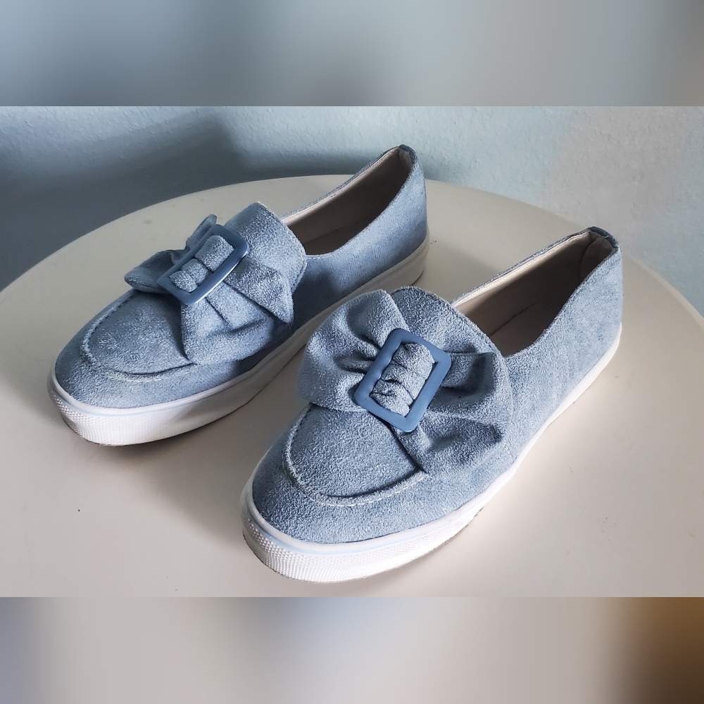 Baby Blue Suede Slip On Shoes